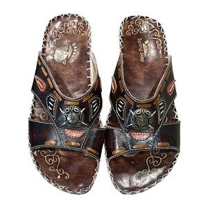 Spring Step Dark Brown Casual Cloves Embellished Wedge Slide Sandal  EU 38  US 7